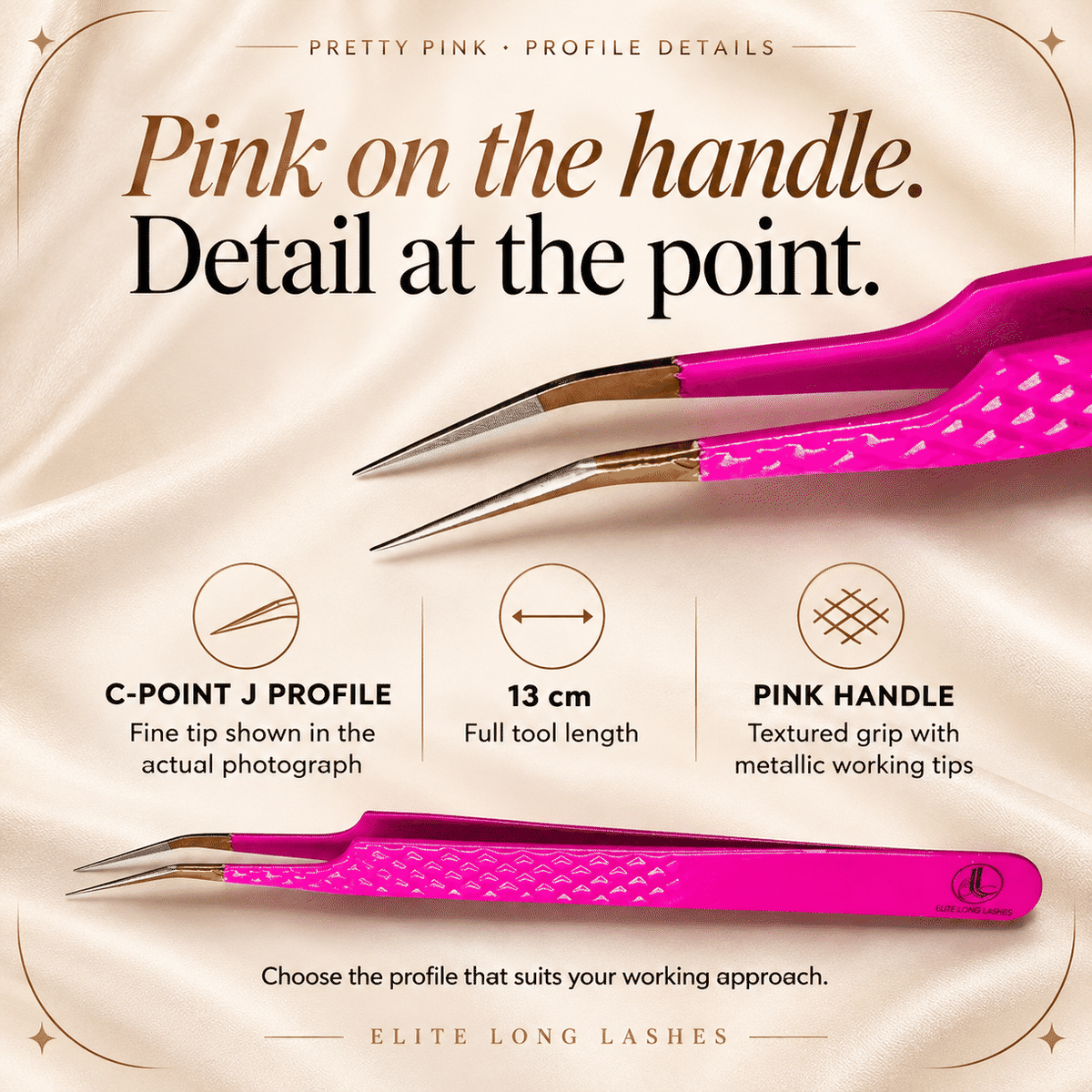 Pretty Pink J-Shape Isolation Lash Tweezer profile details with an actual tip close-up and confirmed specifications.