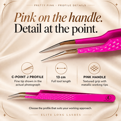Pretty Pink J-Shape Isolation Lash Tweezer profile details with an actual tip close-up and confirmed specifications.