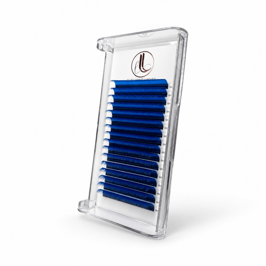 Elite Long Lashes royal blue cashmere lash extensions arranged in rows in a clear tray on a soft white background.