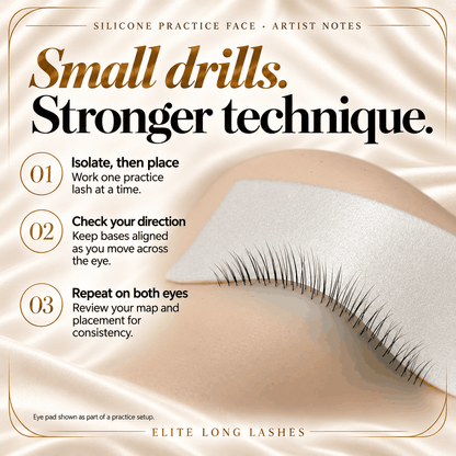 Silicone practice face lash training tips: isolate one practice lash, check extension direction and repeat mapping on both eyes.