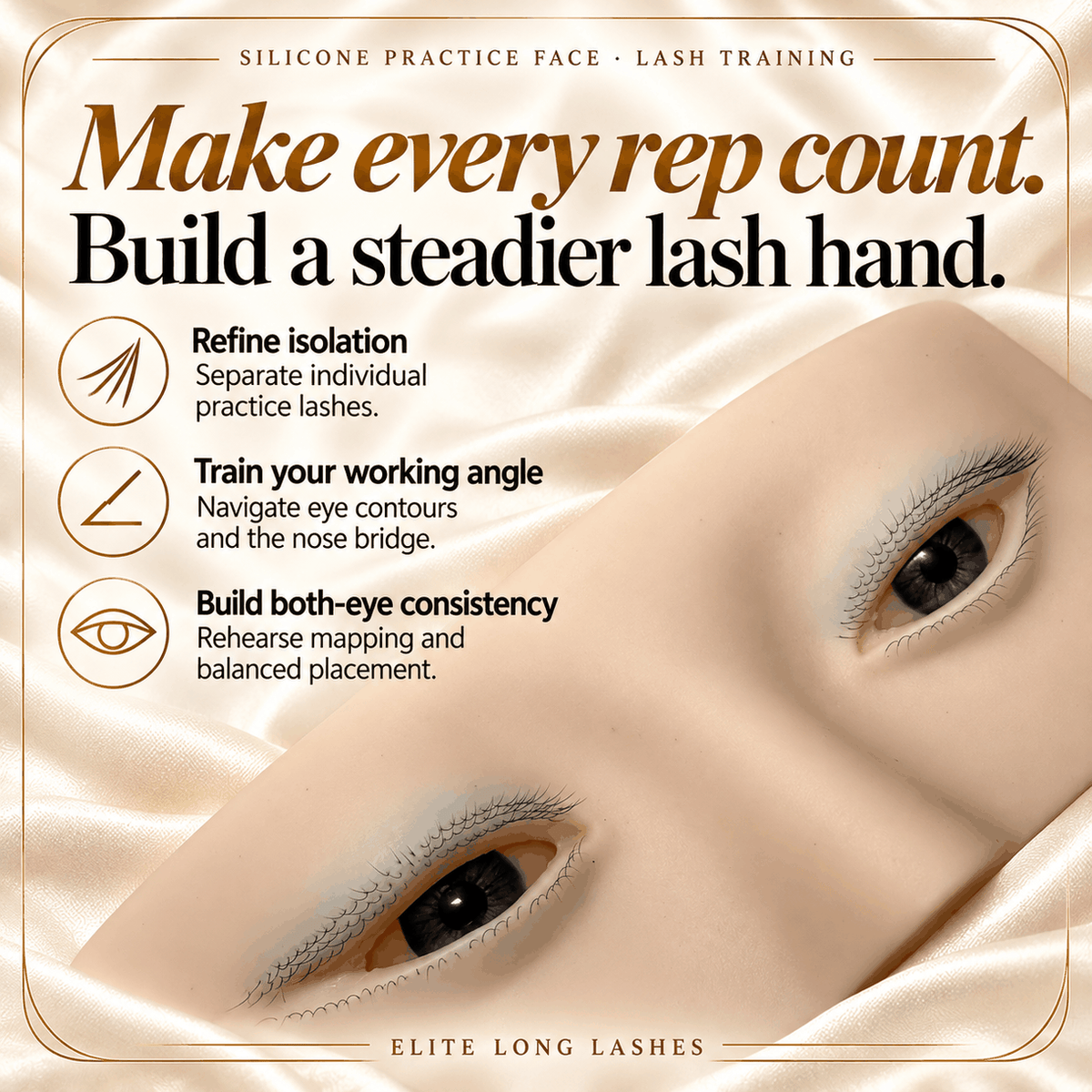 Silicone lash training practice face with two contoured eyes: isolation, working-angle and balanced-placement practice.