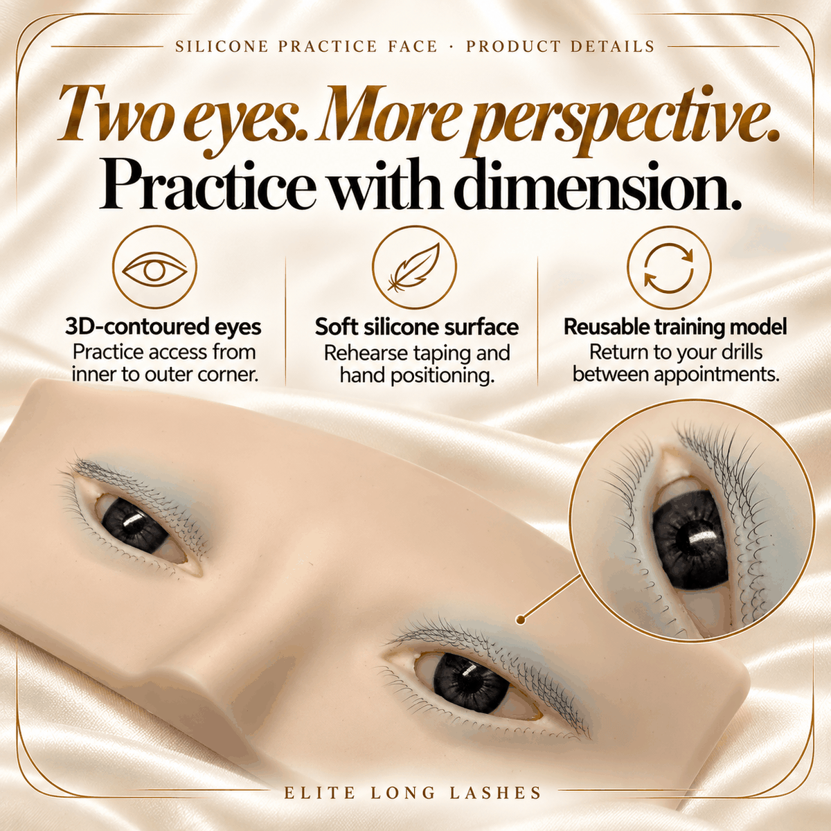Elite Long Lashes silicone practice face showing 3D eye contours, soft silicone surface and reusable training design.