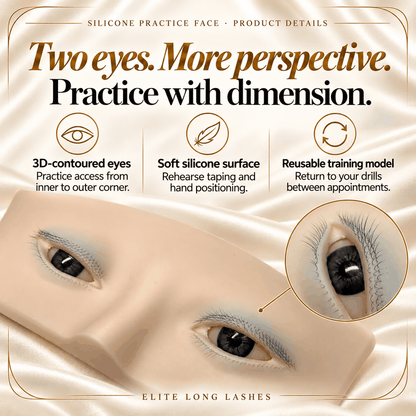 Elite Long Lashes silicone practice face showing 3D eye contours, soft silicone surface and reusable training design.