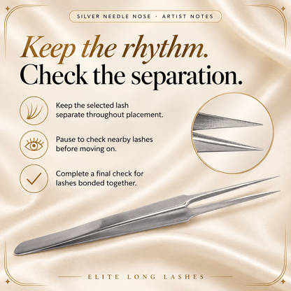 Silver Needle Nose I-Shape Isolation Lash Tweezer artist tips for maintaining isolation and checking for bonded lashes.