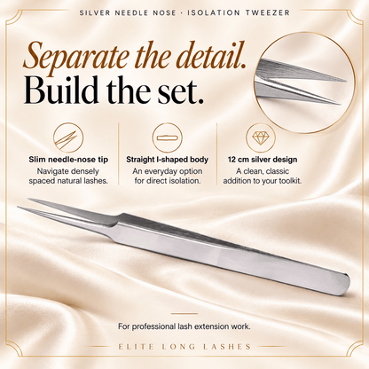 Silver Needle Nose I-Shape Isolation Lash Tweezer benefits graphic showing its I-shape profile, 12 cm length and silver finish.