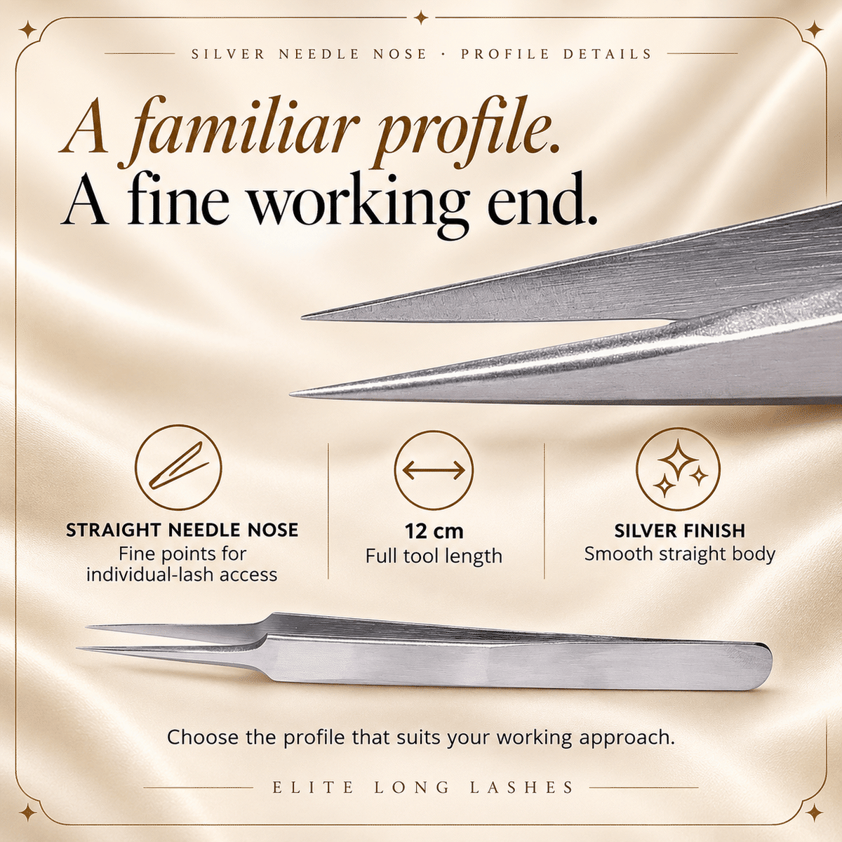 Silver Needle Nose I-Shape Isolation Lash Tweezer profile details with an actual tip close-up and confirmed specifications.