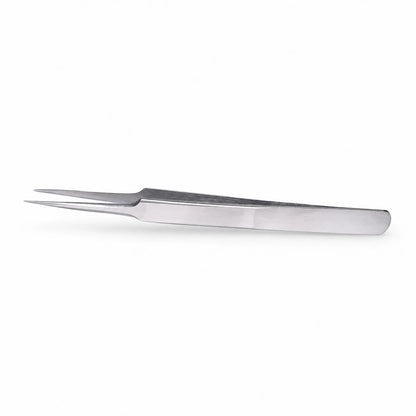 Elite Long Lashes Silver Needle Nose I-Shape isolation tweezer with fine straight tips on a soft white background.