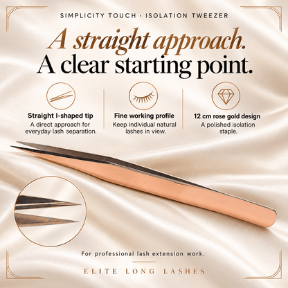 Simplicity Touch Rose Gold I-Shape Isolation Lash Tweezer benefits graphic showing its I-shape profile, 12 cm length and rose gold finish.