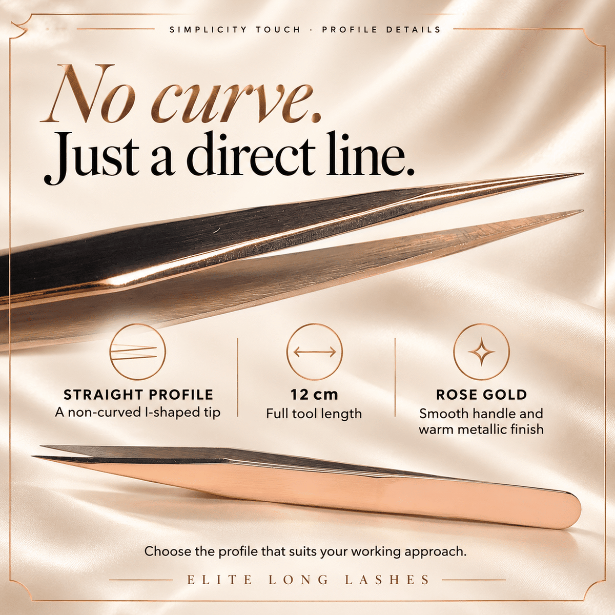 Simplicity Touch Rose Gold I-Shape Isolation Lash Tweezer profile details with an actual tip close-up and confirmed specifications.