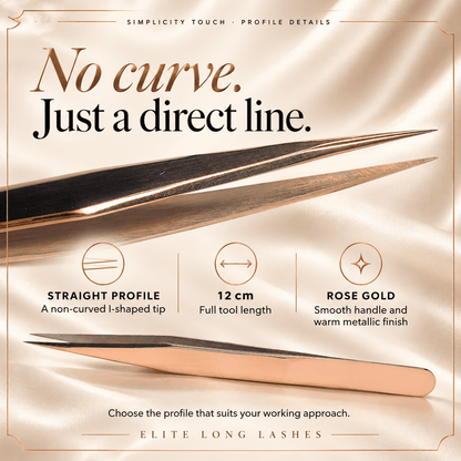 Simplicity Touch Rose Gold I-Shape Isolation Lash Tweezer profile details with an actual tip close-up and confirmed specifications.