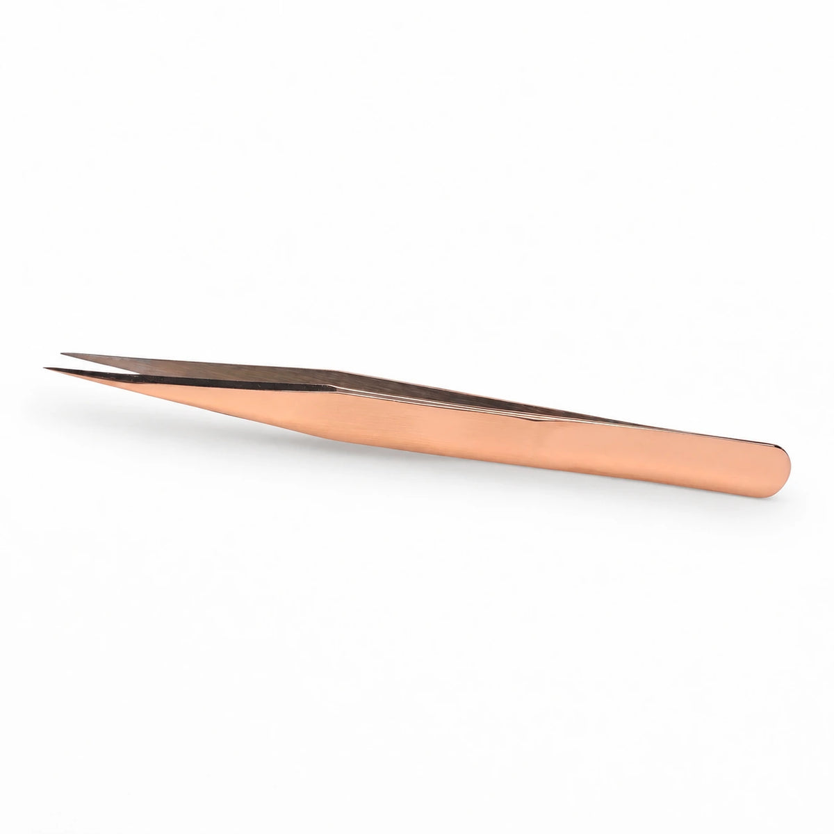 Elite Long Lashes Simplicity Touch rose gold I-shape isolation lash tweezer with fine straight tips on a soft white background.
