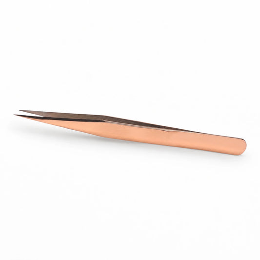 Elite Long Lashes Simplicity Touch rose gold I-shape isolation lash tweezer with fine straight tips on a soft white background.