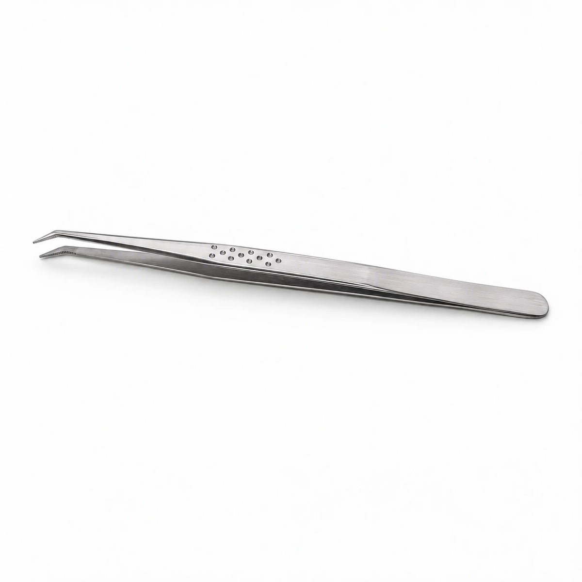 Elite Long Lashes Slim Grip silver 45-degree L-shape fiber tip lash tweezer on a soft white background.