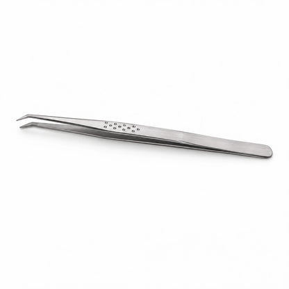 Elite Long Lashes Slim Grip silver 45-degree L-shape fiber tip lash tweezer on a soft white background.