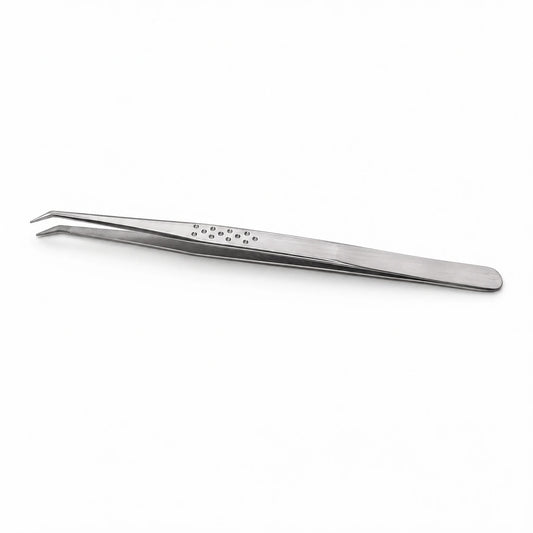 Elite Long Lashes Slim Grip silver 45-degree L-shape fiber tip lash tweezer on a soft white background.