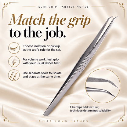 Slim Grip L-Shape Fiber Tip Lash Tweezer artist tips for choosing an isolation or pickup role and testing volume grip.