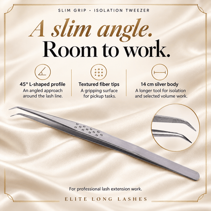Slim Grip L-Shape Fiber Tip Lash Tweezer benefits graphic showing its L-shape profile, 14 cm length and silver fiber-tip design.