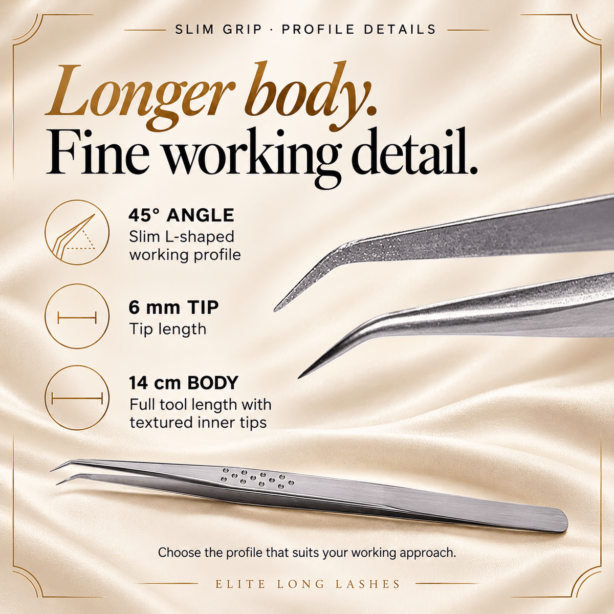 Slim Grip L-Shape Fiber Tip Lash Tweezer profile details with an actual tip close-up and confirmed specifications.