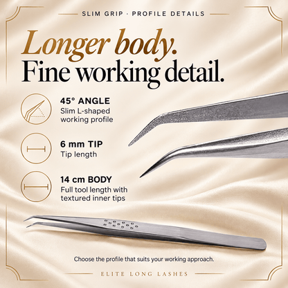 Slim Grip L-Shape Fiber Tip Lash Tweezer profile details with an actual tip close-up and confirmed specifications.