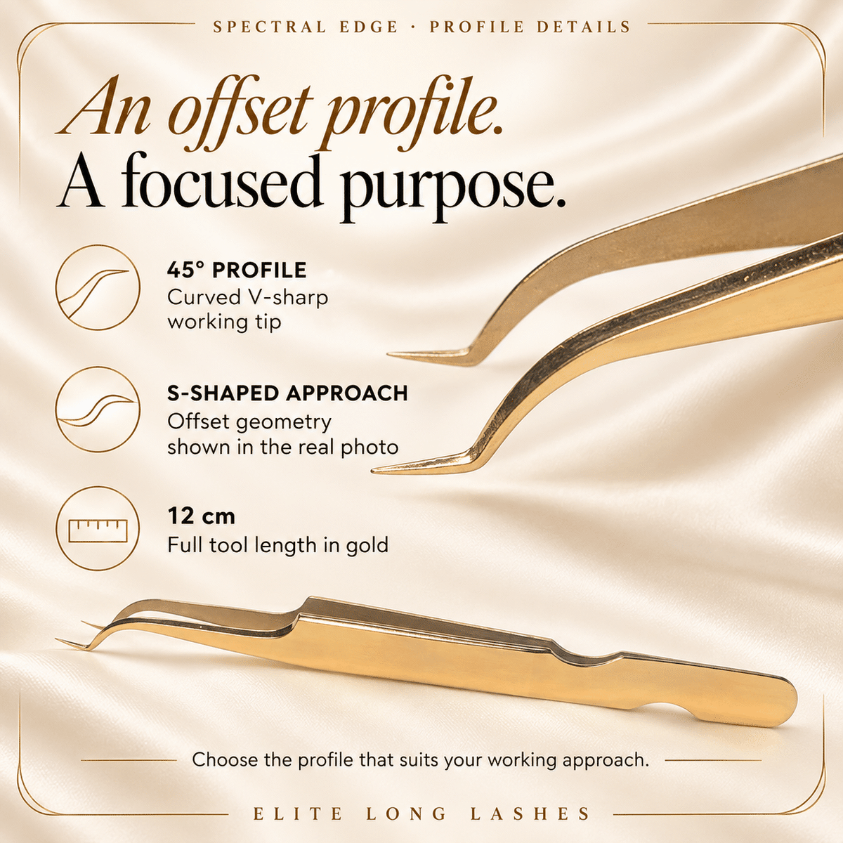 Spectral Edge S-Shape Inner Corner Isolation Tweezer profile details with an actual tip close-up and confirmed specifications.