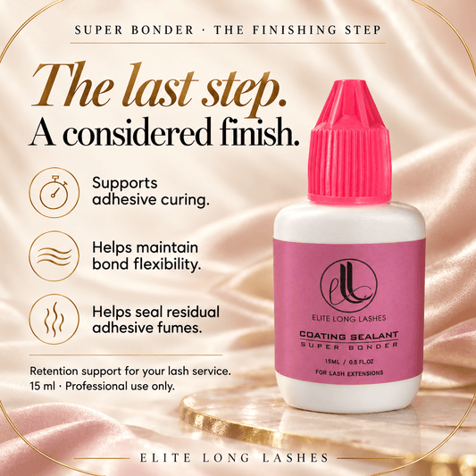 Elite Long Lashes Super Bonder 15 ml supports adhesive curing, bond flexibility and sealing residual adhesive fumes.