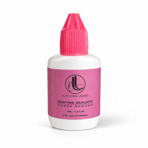Elite Long Lashes Super Bonder 15ml lash adhesive sealant in a white bottle with pink cap on a soft white background.