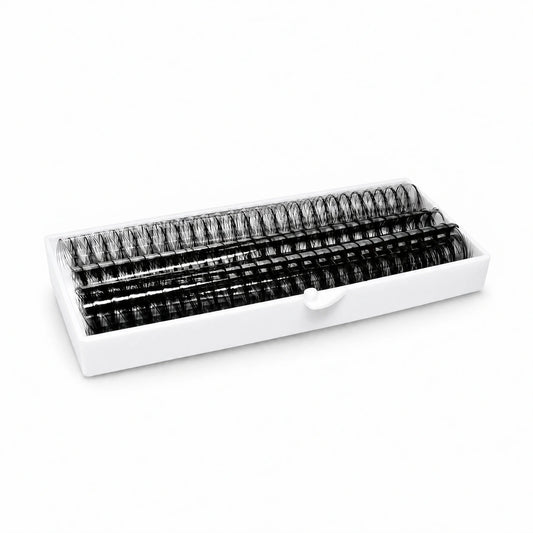 Elite Long Lashes Ultra Boost 1000-count 0.07 mm Promade volume fans arranged in an open white tray on a soft white background.