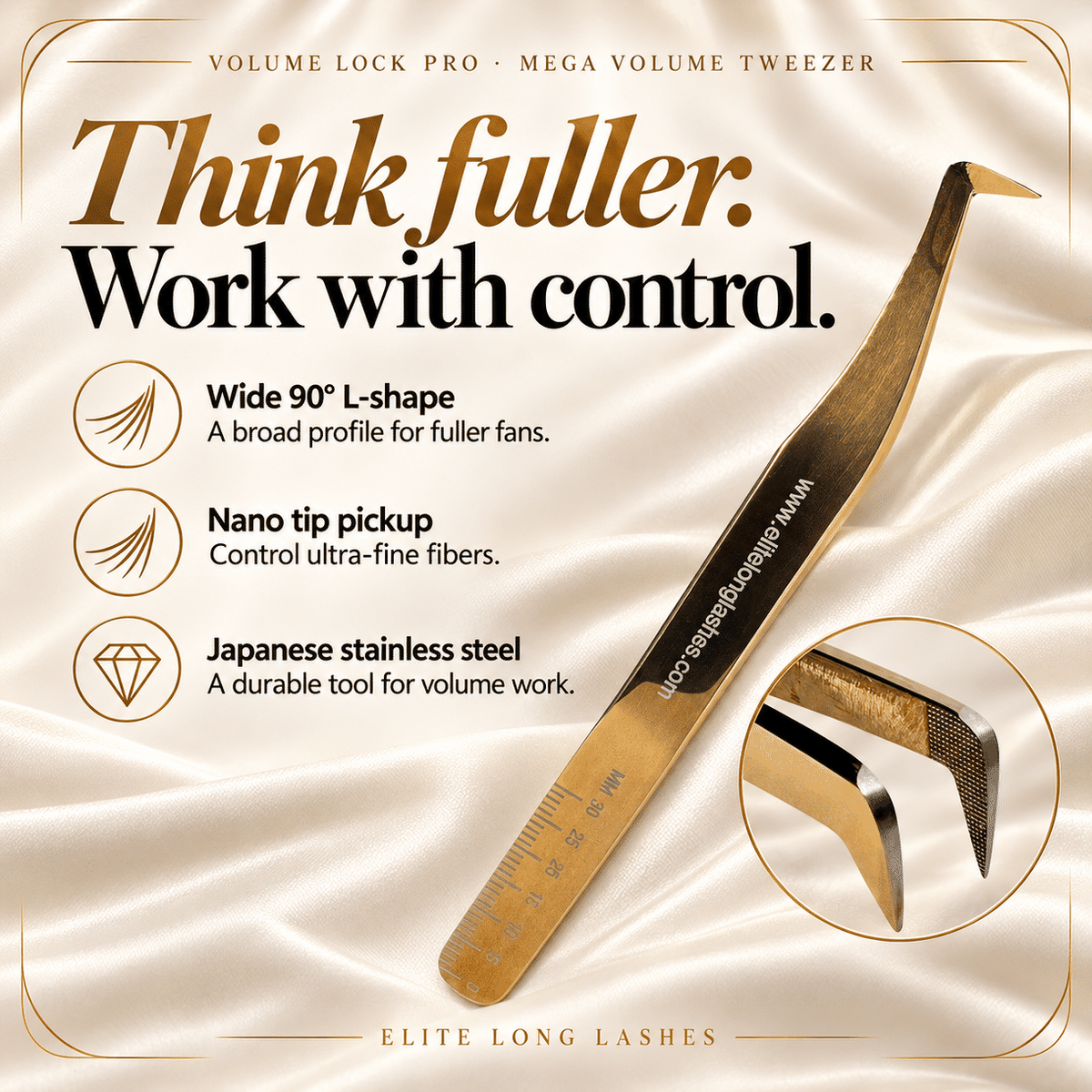 Elite Long Lashes Volume Lock Pro mega volume tweezer – benefits and tip close-up