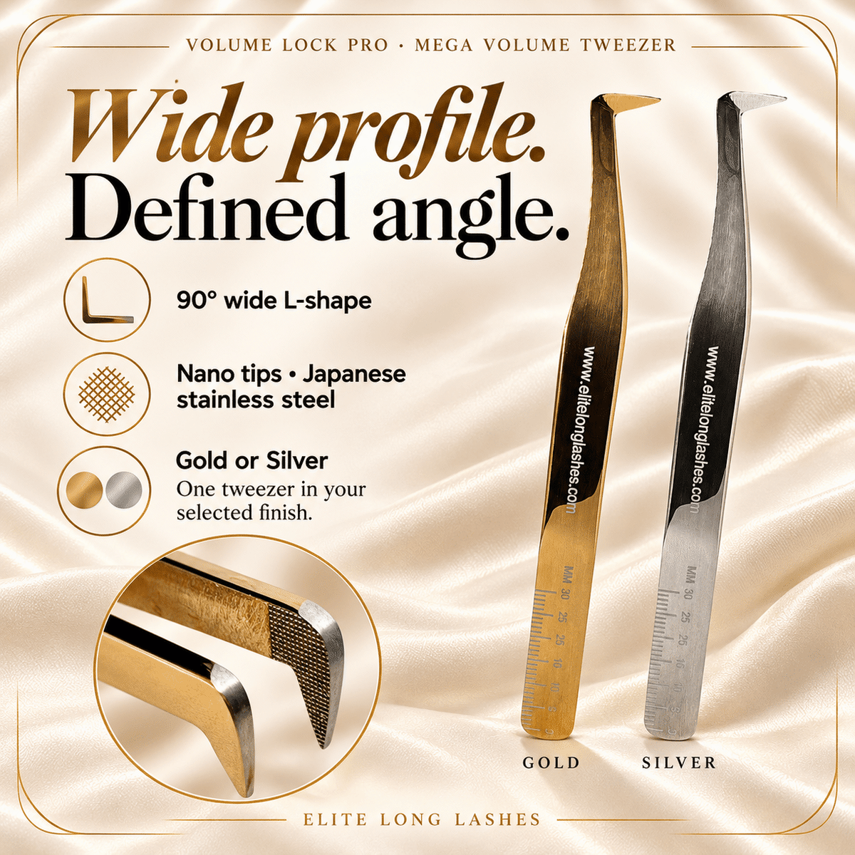 Elite Long Lashes Volume Lock Pro mega volume tweezer – profile, material and finish options