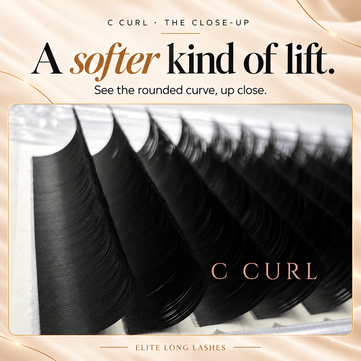 Close-up of the rounded curve of Elite Long Lashes C Curl extensions