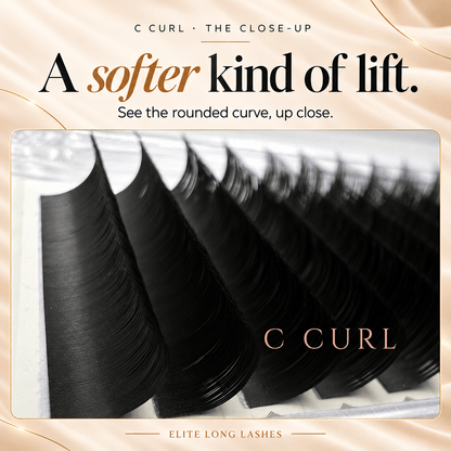 Close-up of the rounded curve of Elite Long Lashes C Curl extensions