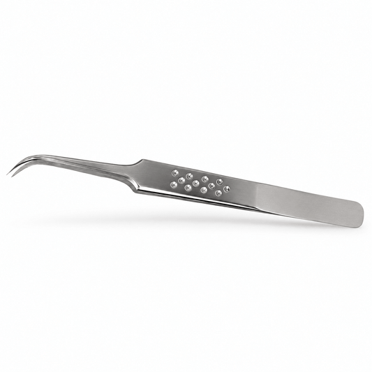 Silver Feather Touch J-Shape Fiber Tip Classic Lash Tweezer with curved tips and dotted grip on a soft white background.