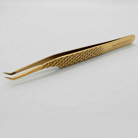 Gold Precision Picker isolation tweezer for lash extensions – S shape on gray background