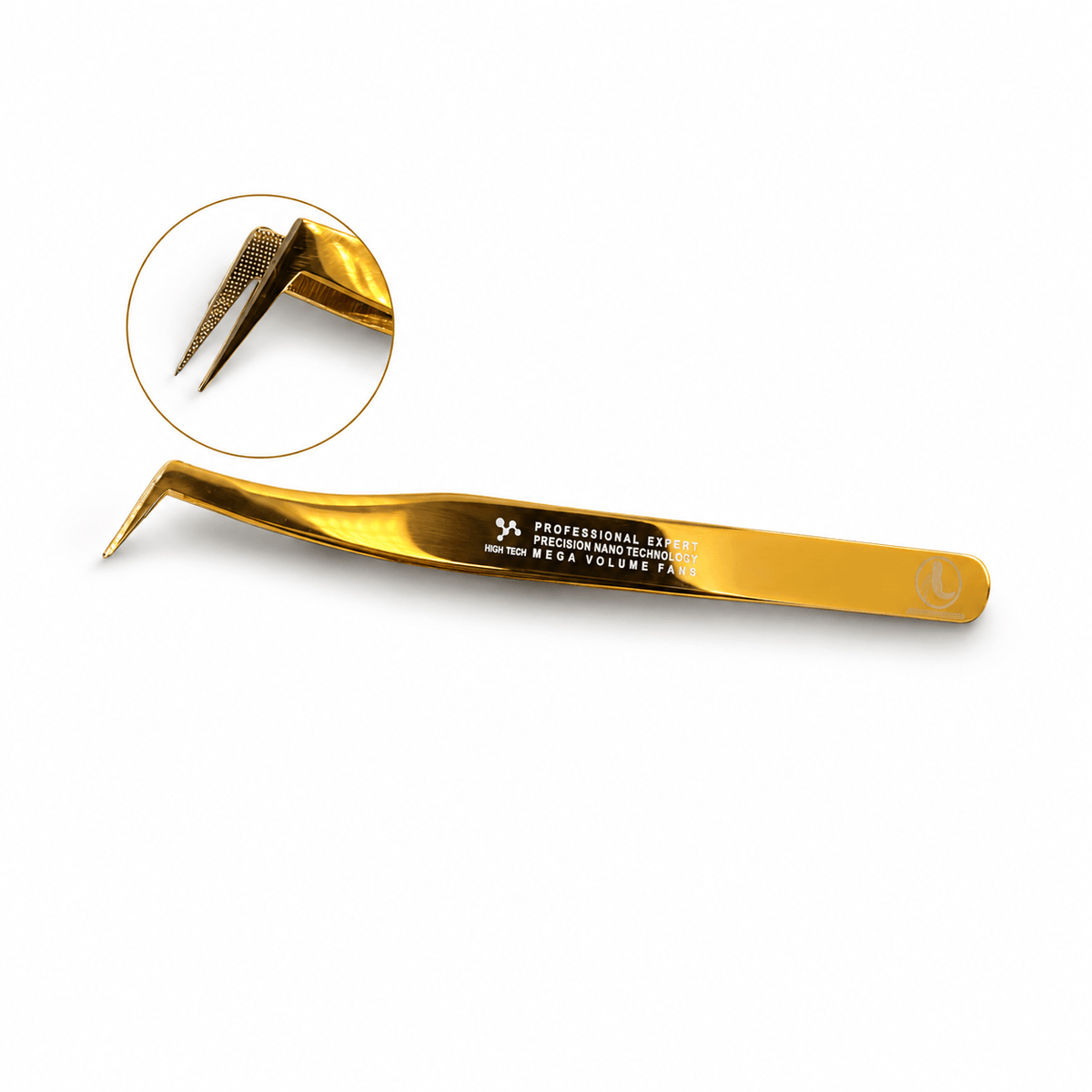 Gold Grab Pro Nano Tips Mega Volume 75° L-shape lash tweezer on a soft white background with magnified tip detail