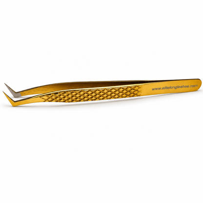Gold Lash Magnet square L-shape nano tip mega volume lash tweezer with textured grip on a soft white background