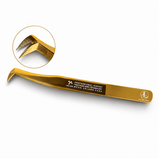 Gold Lash Whisperer 75° wide nano-tip mega volume lash tweezer on a soft white background, with magnified L-shaped tip detail.