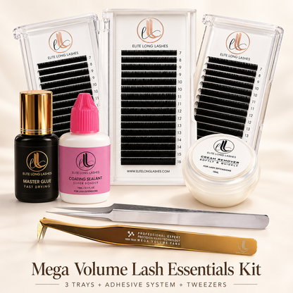Mega Volume Lash Essentials Kit with three 0.03mm mixed lash trays, Master Glue, Super Bonder, cream remover and precision tweezers
