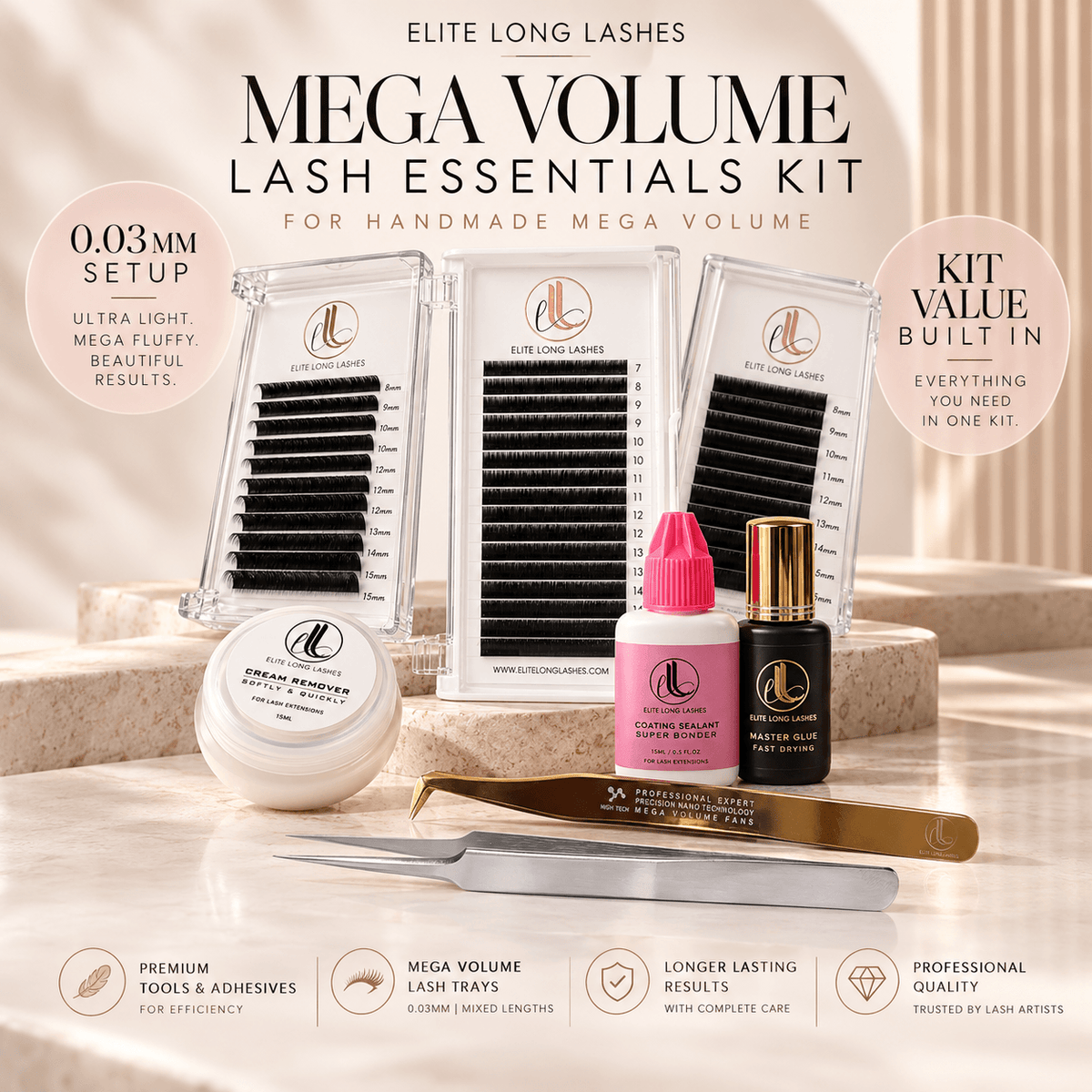 What's included in the Mega Volume Lash Essentials Kit: three lash trays, glue, bonder, remover and two tweezers