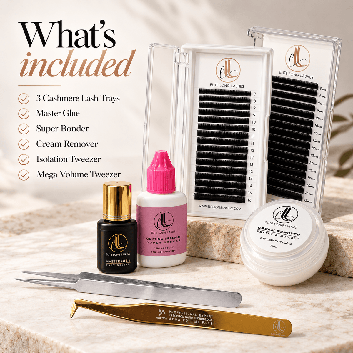 Professional 0.03mm mega volume lash kit with C, CC and D mixed trays and lash extension tools