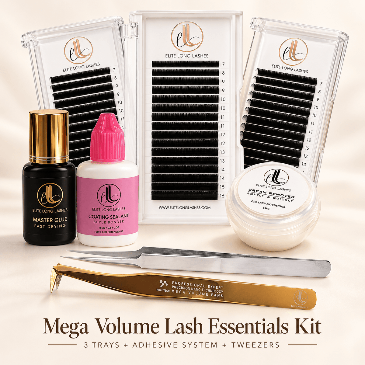 Mega Volume Lash Essentials Kit with three 0.03mm Cashmere lash trays, Master Glue, Super Bonder, cream remover and precision tweezers