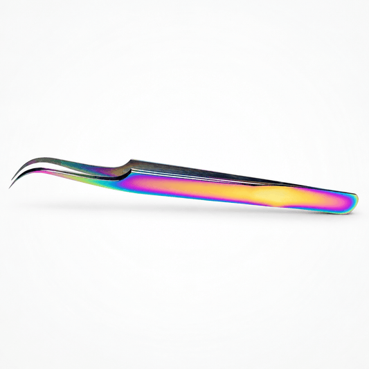 Multi-Color S-Shape Fiber Tip Classic Lash Tweezer with iridescent rainbow finish on a soft white background.