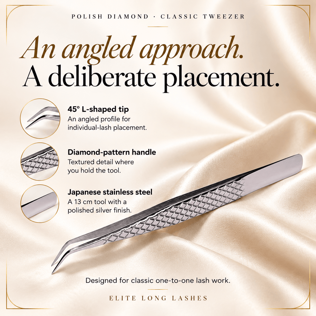 Polish Diamond silver classic lash tweezer with 45-degree L-shaped tip, diamond-pattern handle and 13 cm Japanese stainless steel construction.