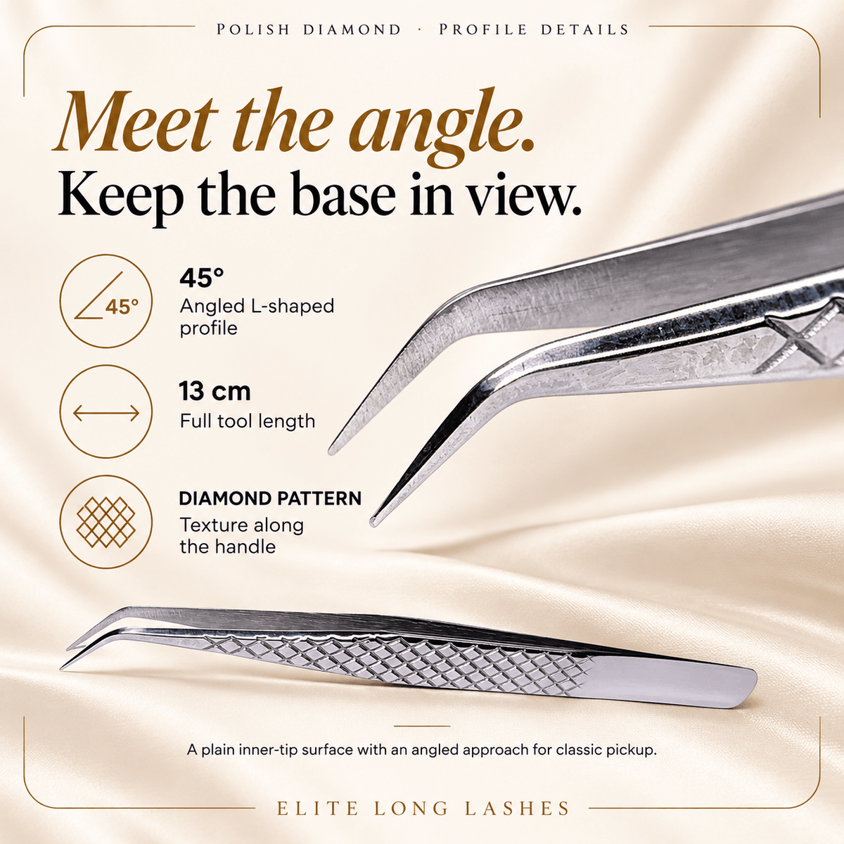 Polish Diamond classic tweezer profile showing its 45-degree angled tip, 13 cm length and diamond-pattern handle.