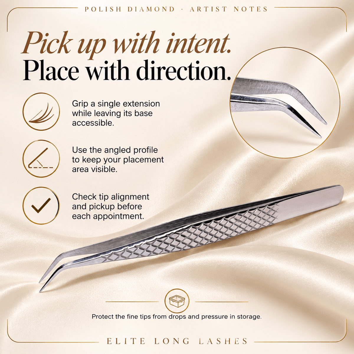 Polish Diamond L-shape classic lash tweezer tips for individual-extension pickup, visibility, tip alignment and protective storage.