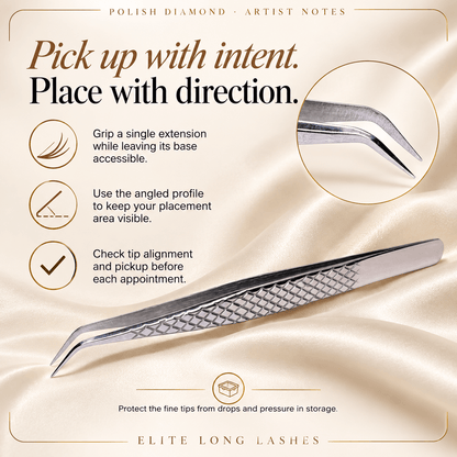 Polish Diamond L-shape classic lash tweezer tips for individual-extension pickup, visibility, tip alignment and protective storage.