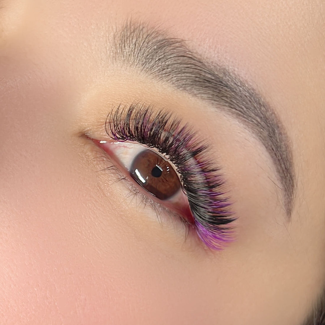 Close-up of purple lash extensions blended with black lashes on a client, with purple accents at the outer corner.