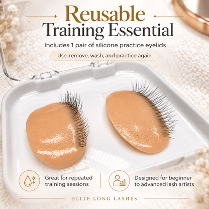 Pair of reusable silicone practice eyelids in a white case, with instructions to remove extensions, wash, and practice again.