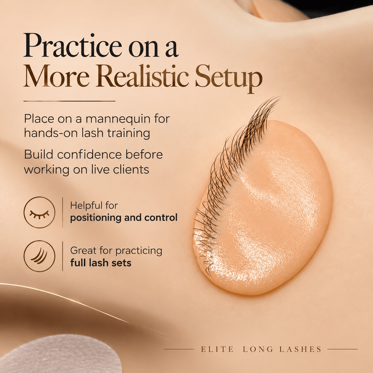 Silicone practice eyelid on a mannequin, with tips for lash positioning, control, and practicing full lash sets.