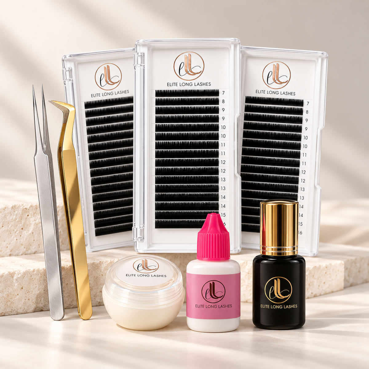 Volume Lash Essentials Kit with three 0.05mm mixed lash trays, Master Glue, Super Bonder, cream remover, volume tweezer and isolation tweezer