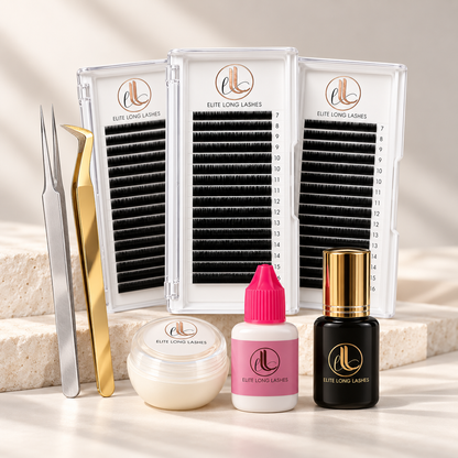 Volume Lash Essentials Kit with three 0.05mm mixed lash trays, Master Glue, Super Bonder, cream remover, volume tweezer and isolation tweezer